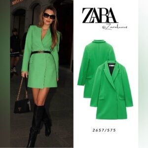 NWT ZARA WOMAN DOUBLE BREASTED LONG BLAZER DRESS APPLE GREEN SIZE S